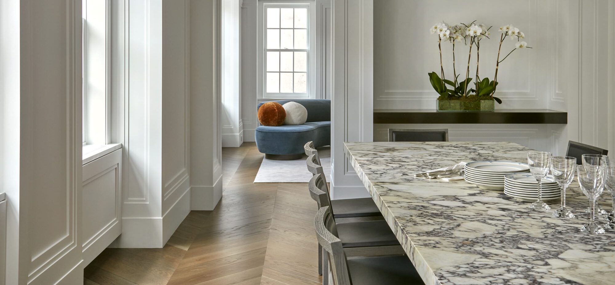 Elegant dark hardwood wide plank flooring in modern room